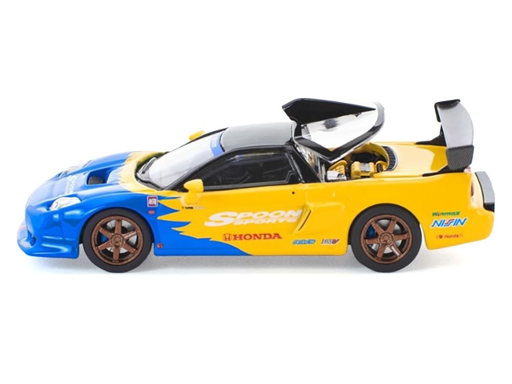 Honda NSX-R GT RHD (Right Hand Drive) "Spoon Sports" Blue and Yellow with Black Top 1/64 Diecast Model Car by Pop Race view 2
