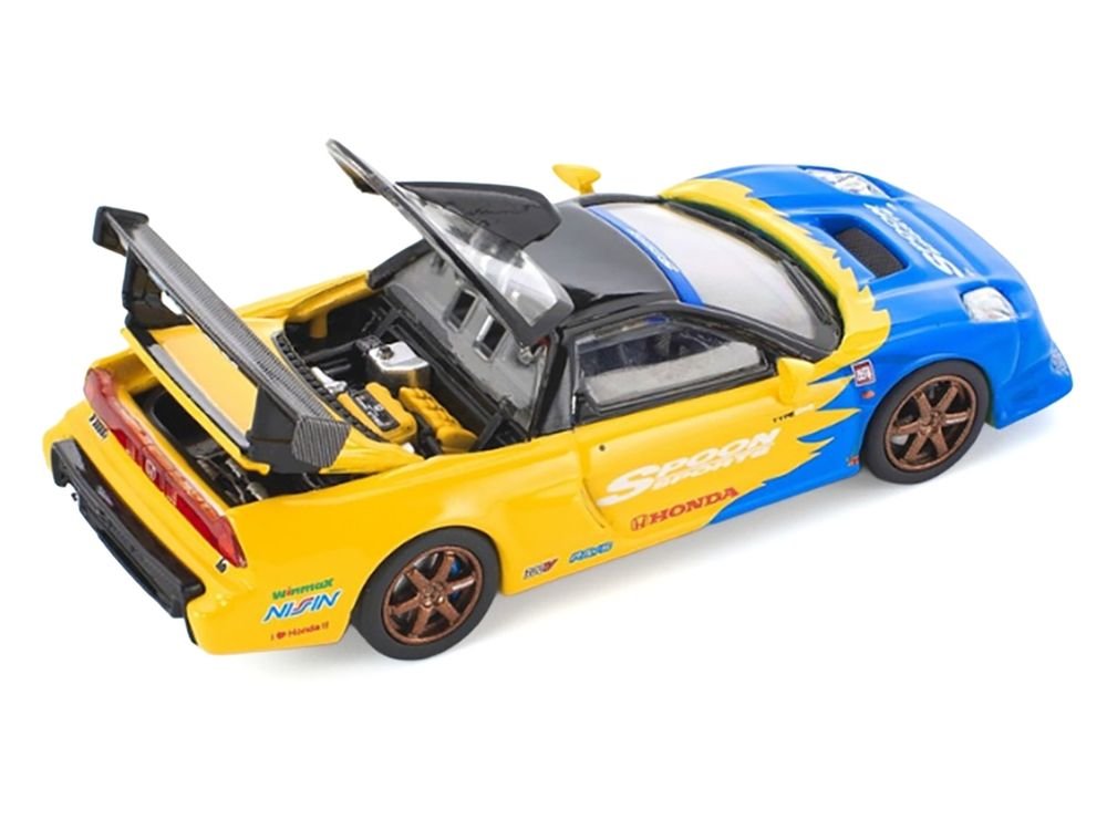 Honda NSX-R GT RHD (Right Hand Drive) "Spoon Sports" Blue and Yellow with Black Top 1/64 Diecast Model Car by Pop Race view 3