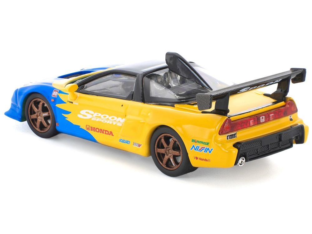 Honda NSX-R GT RHD (Right Hand Drive) "Spoon Sports" Blue and Yellow with Black Top 1/64 Diecast Model Car by Pop Race view 4