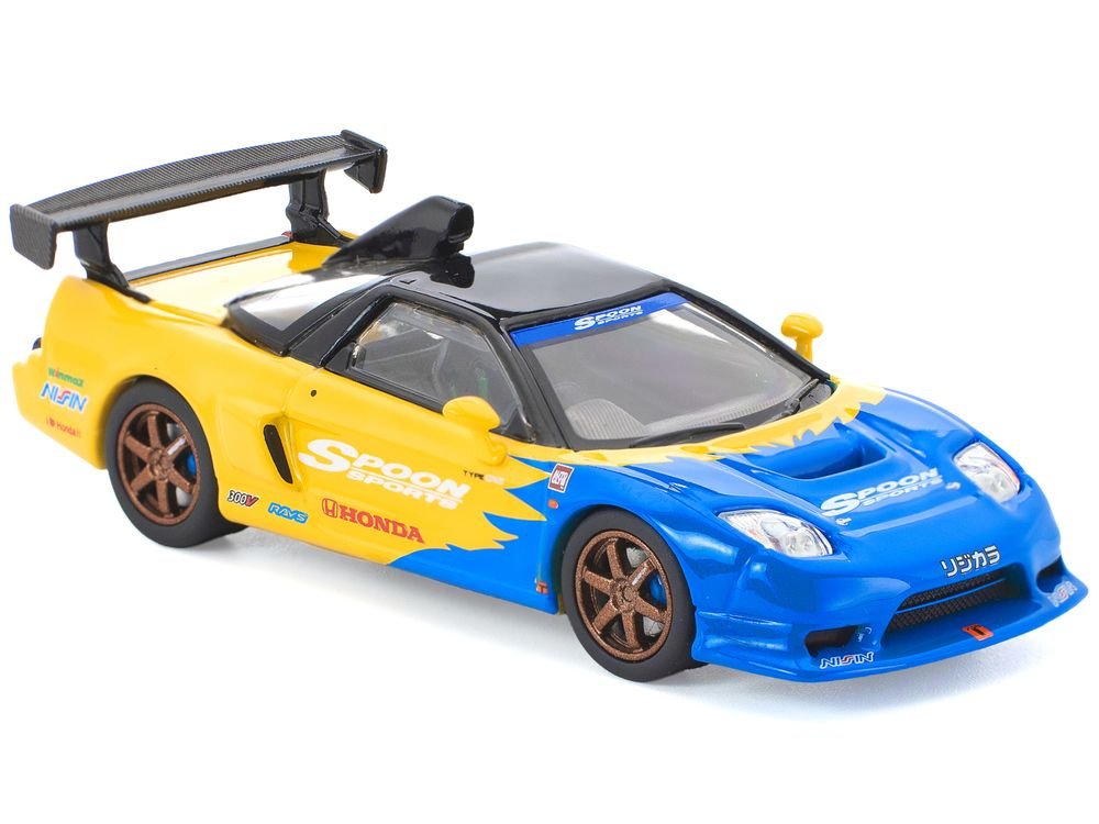 Honda NSX-R GT RHD (Right Hand Drive) "Spoon Sports" Blue and Yellow with Black Top 1/64 Diecast Model Car by Pop Race view 5