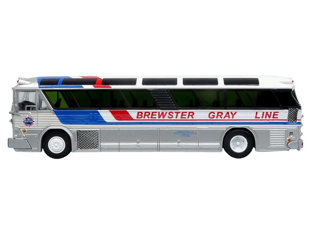 1964 MCI MC-5A Coach Bus "Brewster Gray Line" Silver with Blue and Red Stripes "Vintage Bus & Motorcoach Collection" Limited Edition to 504 pieces Worldwide 1/87 (HO) Diecast Model by Iconic Replicas view 2