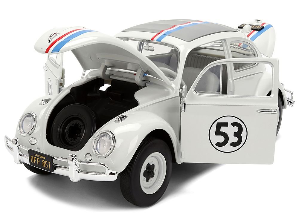 Volkswagen Beetle #53 "Herbie" White with Stripes "The Love Bug" (1968) Movie with Extra Wheels 1/24 Diecast Model Car by Jada view 2