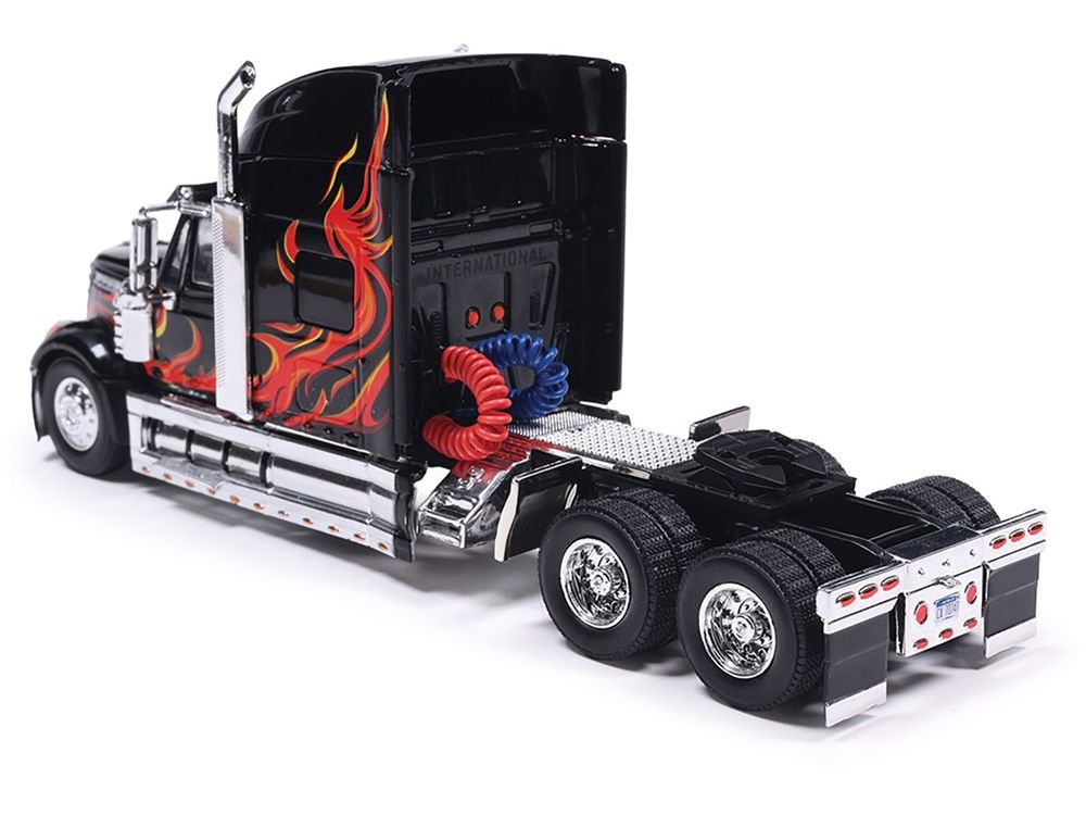 2010 International Lonestar Truck Tractor Black with Flame Graphics 1/64 Diecast Model by IXO Models view 3