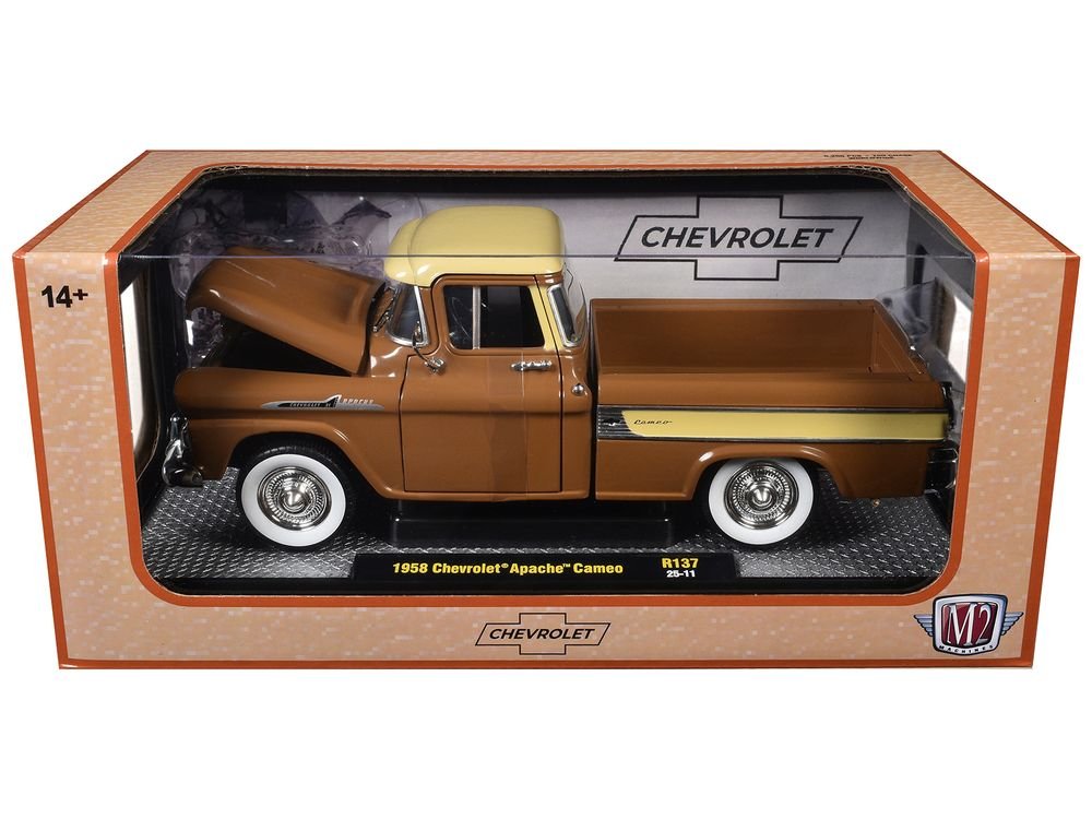 1958 Chevrolet Apache Cameo Pickup Truck Brown with Beige Top Limited Edition to 5250 pieces Worldwide 1/24 Diecast Model Car by M2 Machines view 3