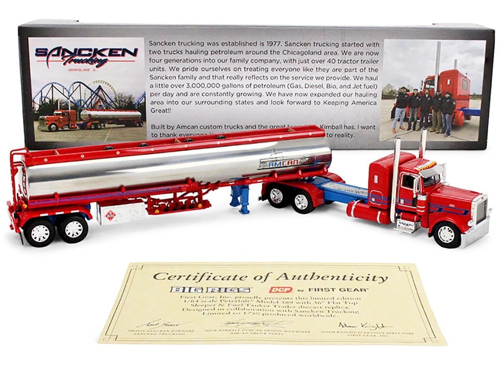 Peterbilt 389 with 36" Flat Top Sleeper and Heil Fuel Tank Trailer "Sancken Custom Truck by Amcan" Red "Big Rigs" Series II #3 1/64 Diecast Model by DCP/First Gear view 5