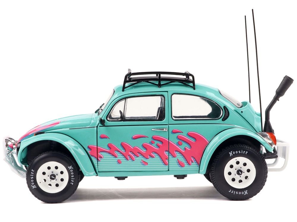 1976 Volkswagen Beetle Baja Miami Green with Pink Graphics 1/18 Diecast Model Car by Solido view 3