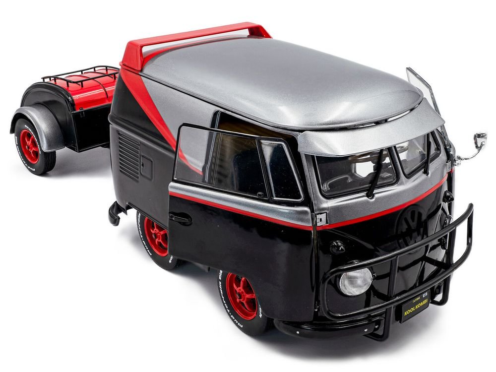 2024 Volkswagen Kool Kombi Sport Van with Trailer Black and Silver with Red Stripe 1/18 Diecast Model Car by Solido view 2
