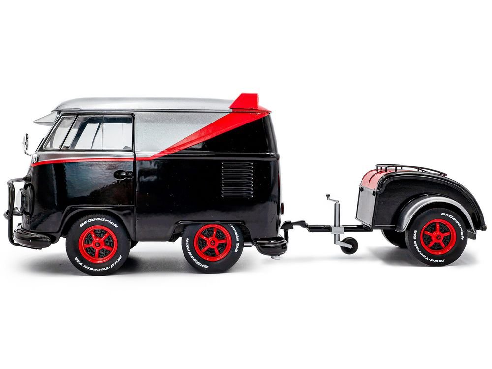 2024 Volkswagen Kool Kombi Sport Van with Trailer Black and Silver with Red Stripe 1/18 Diecast Model Car by Solido view 3