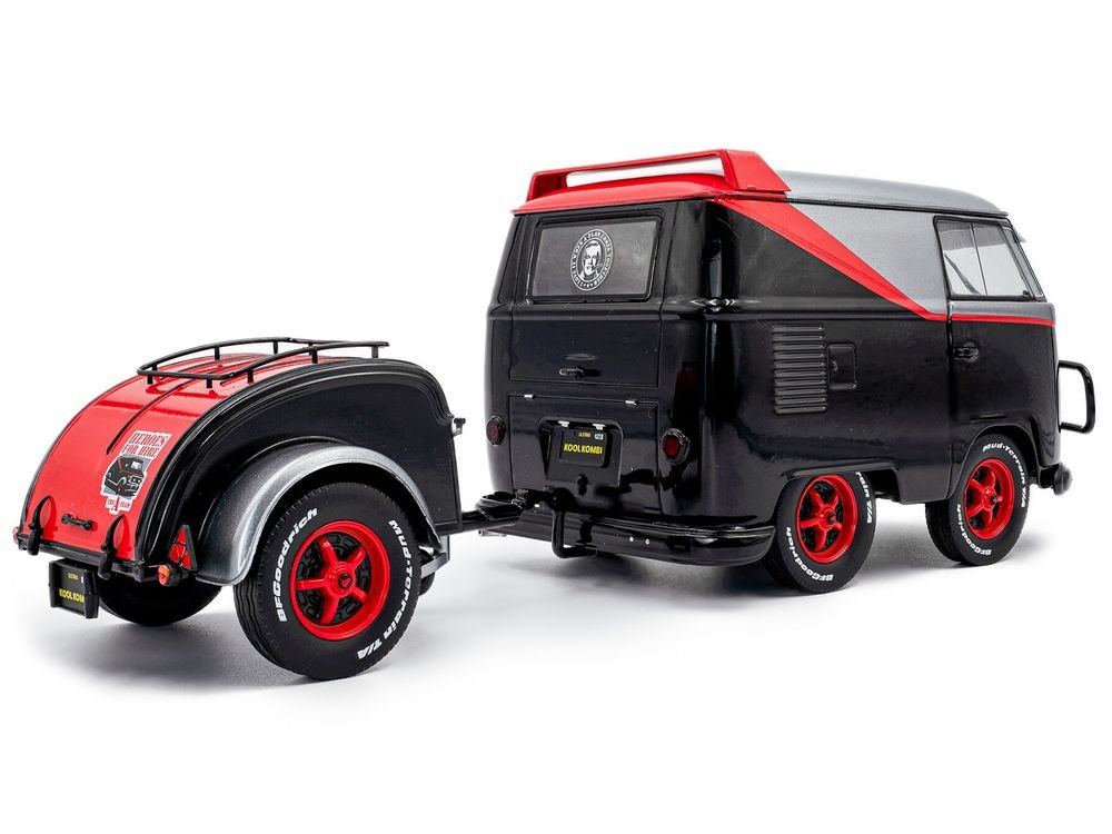 2024 Volkswagen Kool Kombi Sport Van with Trailer Black and Silver with Red Stripe 1/18 Diecast Model Car by Solido view 4