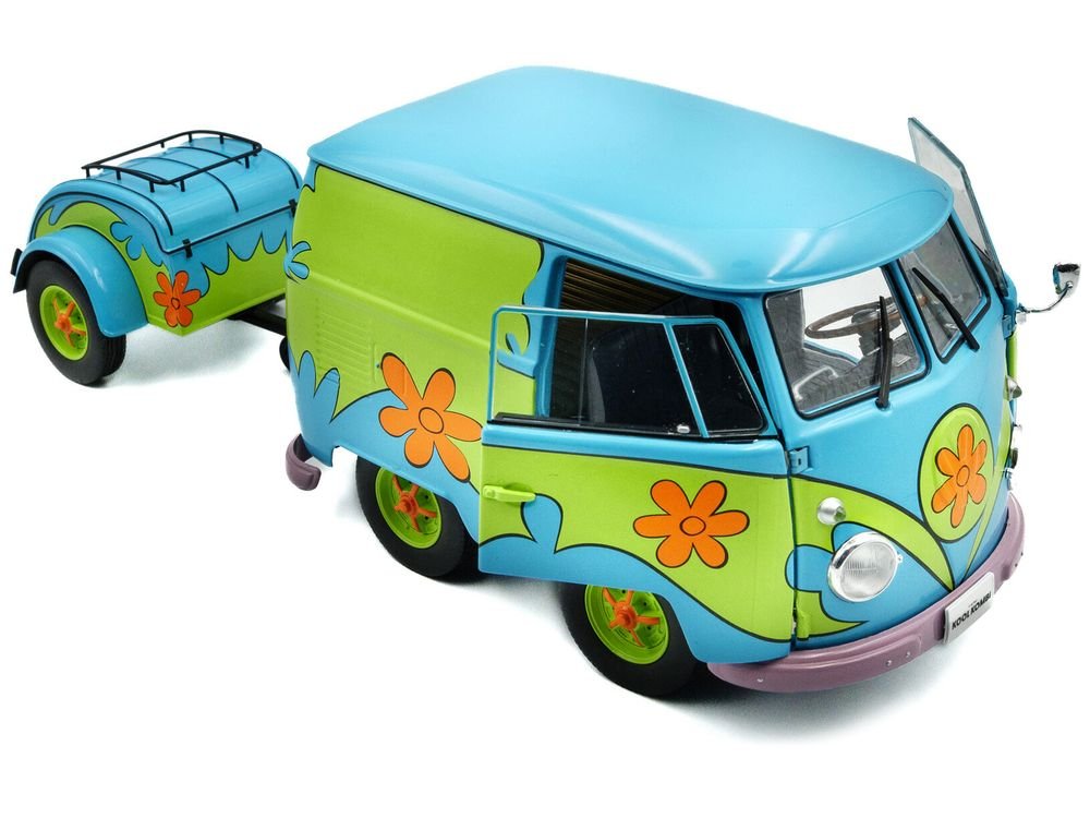2024 Volkswagen Kool Kombi Van with Trailer "Ghost Hunter" Blue and Green with Graphics 1/18 Diecast Model Car by Solido view 2