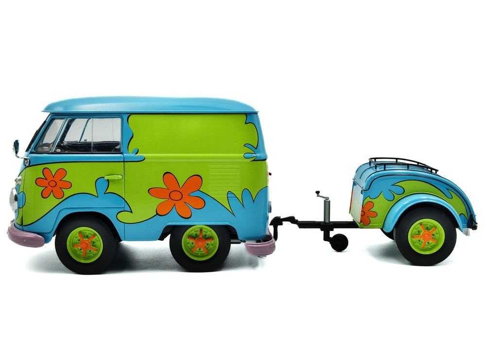 2024 Volkswagen Kool Kombi Van with Trailer "Ghost Hunter" Blue and Green with Graphics 1/18 Diecast Model Car by Solido view 3
