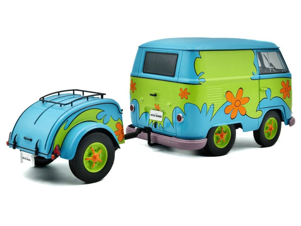 2024 Volkswagen Kool Kombi Van with Trailer "Ghost Hunter" Blue and Green with Graphics 1/18 Diecast Model Car by Solido view 4