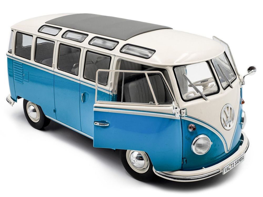 1962 Volkswagen T1 Samba Bus Baby Blue and White 1/18 Diecast Model Car by Solido view 2