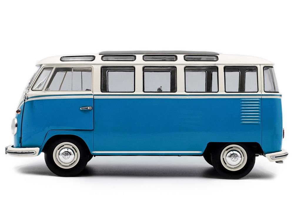 1962 Volkswagen T1 Samba Bus Baby Blue and White 1/18 Diecast Model Car by Solido view 3