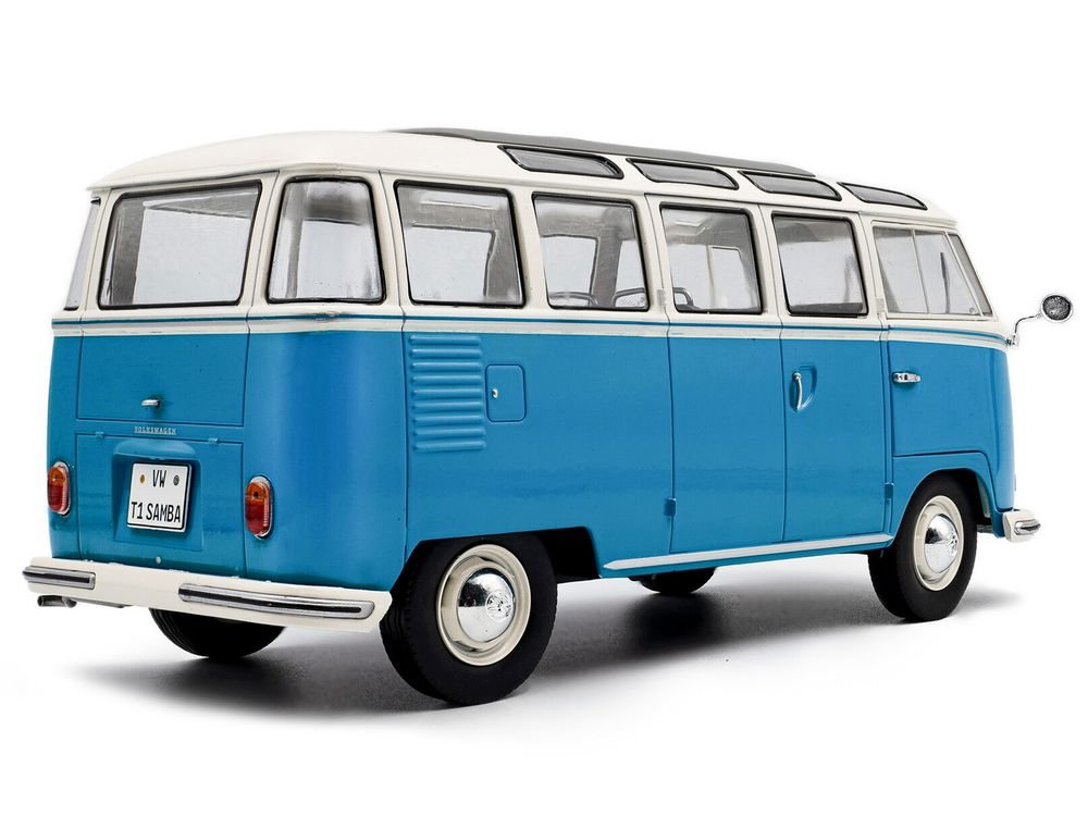 1962 Volkswagen T1 Samba Bus Baby Blue and White 1/18 Diecast Model Car by Solido view 4