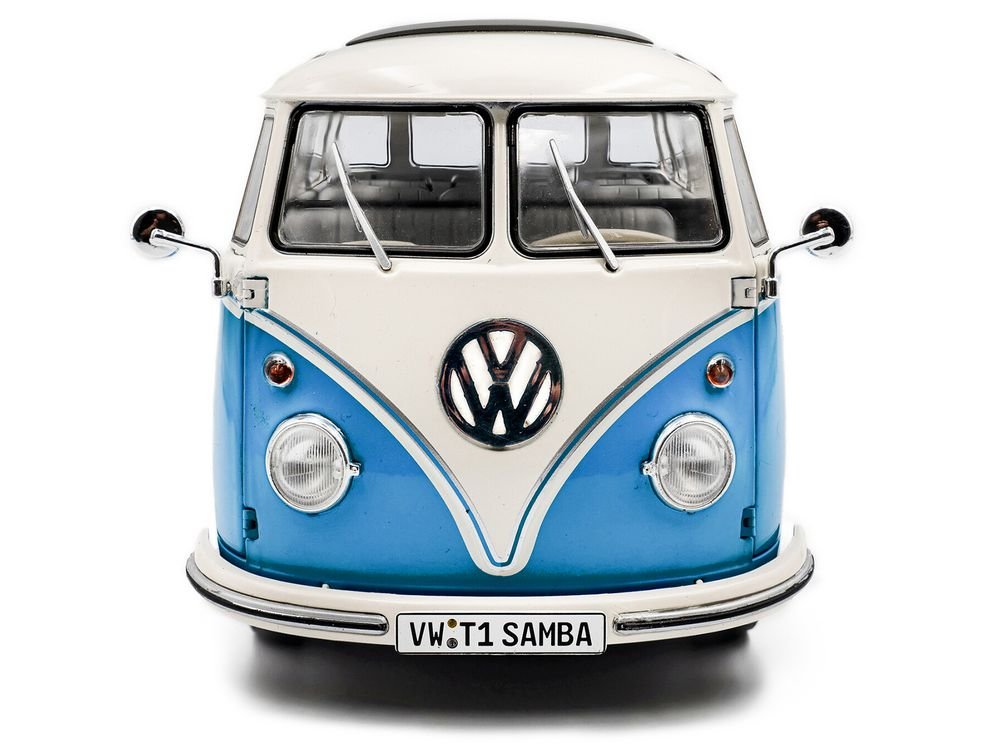 1962 Volkswagen T1 Samba Bus Baby Blue and White 1/18 Diecast Model Car by Solido view 5