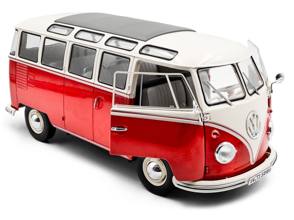 1962 Volkswagen T1 Samba Bus Red and White 1/18 Diecast Model Car by Solido view 2