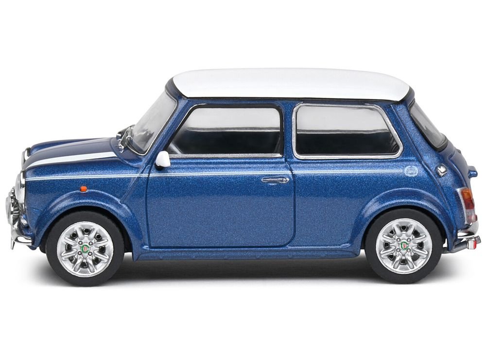 1994 Mini Cooper Sport Tahiti Blue Metallic with White Top and Stripes 1/43 Diecast Model Car by Solido view 2