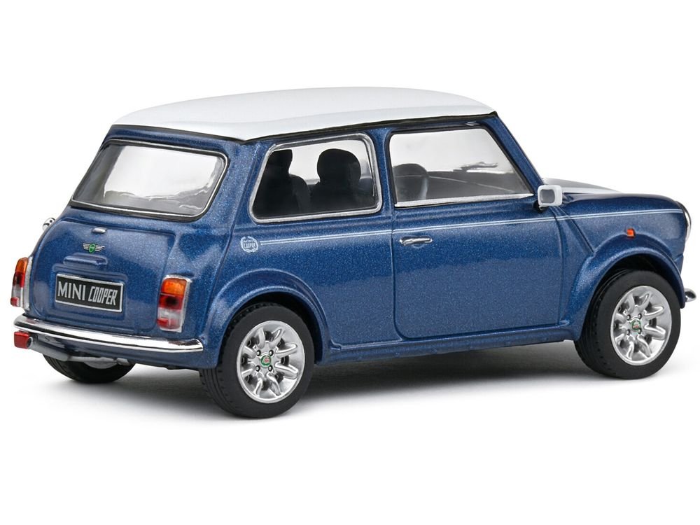 1994 Mini Cooper Sport Tahiti Blue Metallic with White Top and Stripes 1/43 Diecast Model Car by Solido view 3