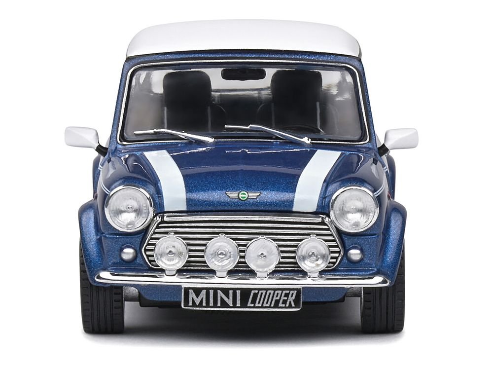 1994 Mini Cooper Sport Tahiti Blue Metallic with White Top and Stripes 1/43 Diecast Model Car by Solido view 5