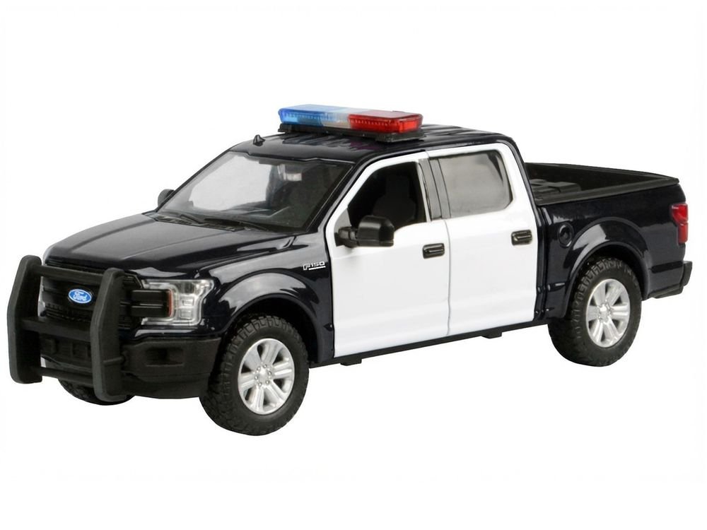 2019 Ford F-150 Lariat Crew Cab Pickup Truck Black and White with Flashing Light Bar and Front and Rear Lights and Sounds 1/24-1/27 Diecast Model Car by Motormax view 2