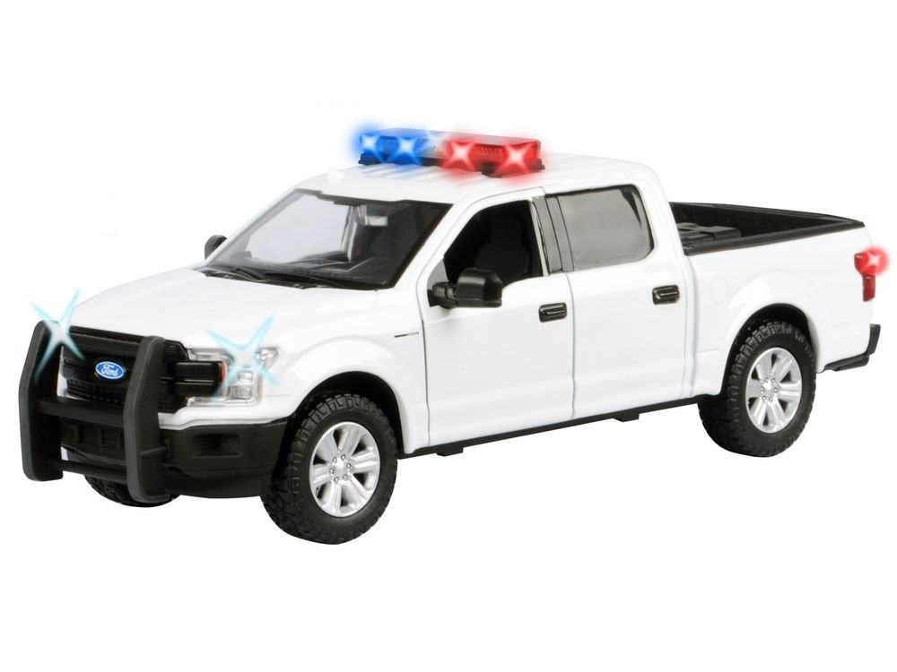 2019 Ford F-150 Lariat Crew Cab Pickup Truck White with Flashing Light Bar and Front and Rear Lights and Sounds 1/24-1/27 Diecast Model Car by Motormax view 2