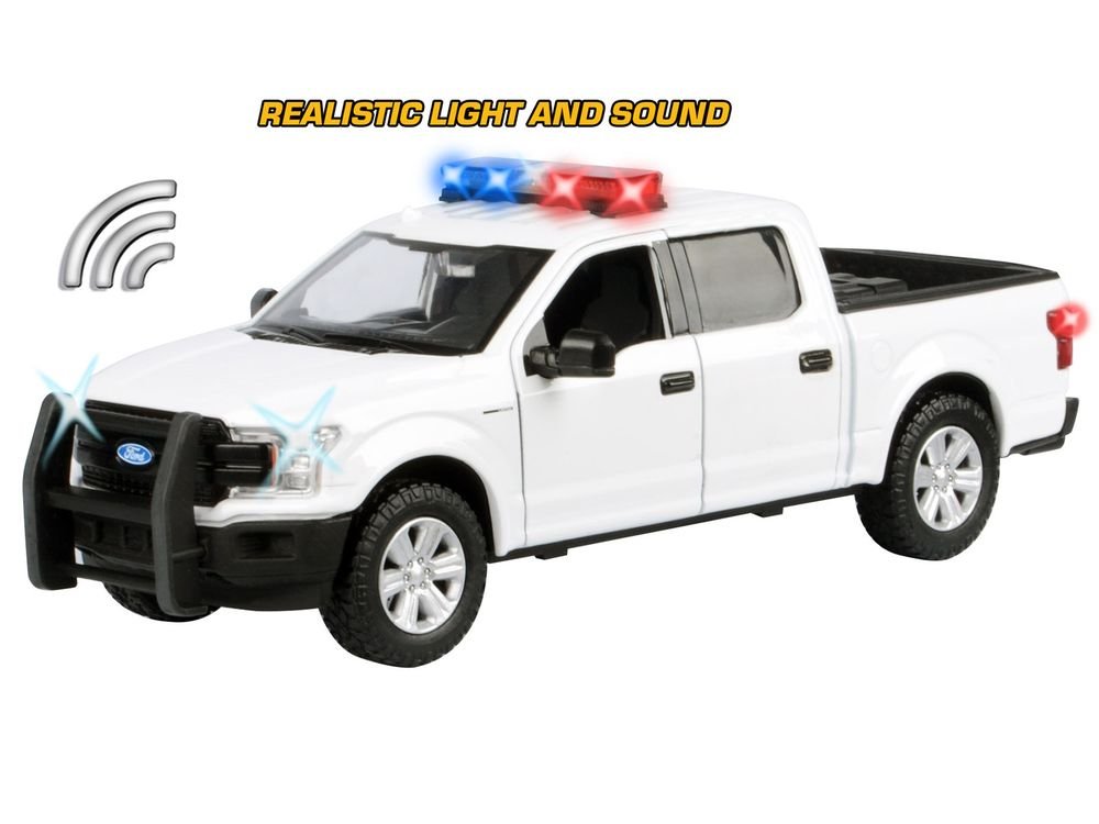 2019 Ford F-150 Lariat Crew Cab Pickup Truck White with Flashing Light Bar and Front and Rear Lights and Sounds 1/24-1/27 Diecast Model Car by Motormax view 3