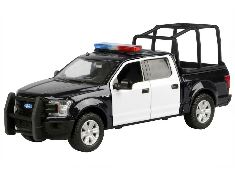 2019 Ford F-150 Lariat Crew Cab Pickup Truck with Bed Cage Black and White with Flashing Light Bar and Front and Rear Lights and Sounds 1/24-1/27 Diecast Model Car by Motormax view 2