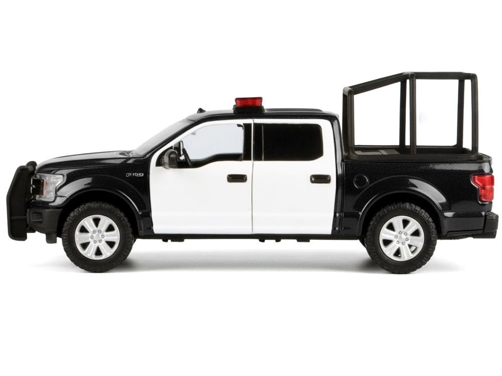 2019 Ford F-150 Lariat Crew Cab Pickup Truck with Bed Cage Black and White with Flashing Light Bar and Front and Rear Lights and Sounds 1/24-1/27 Diecast Model Car by Motormax view 3