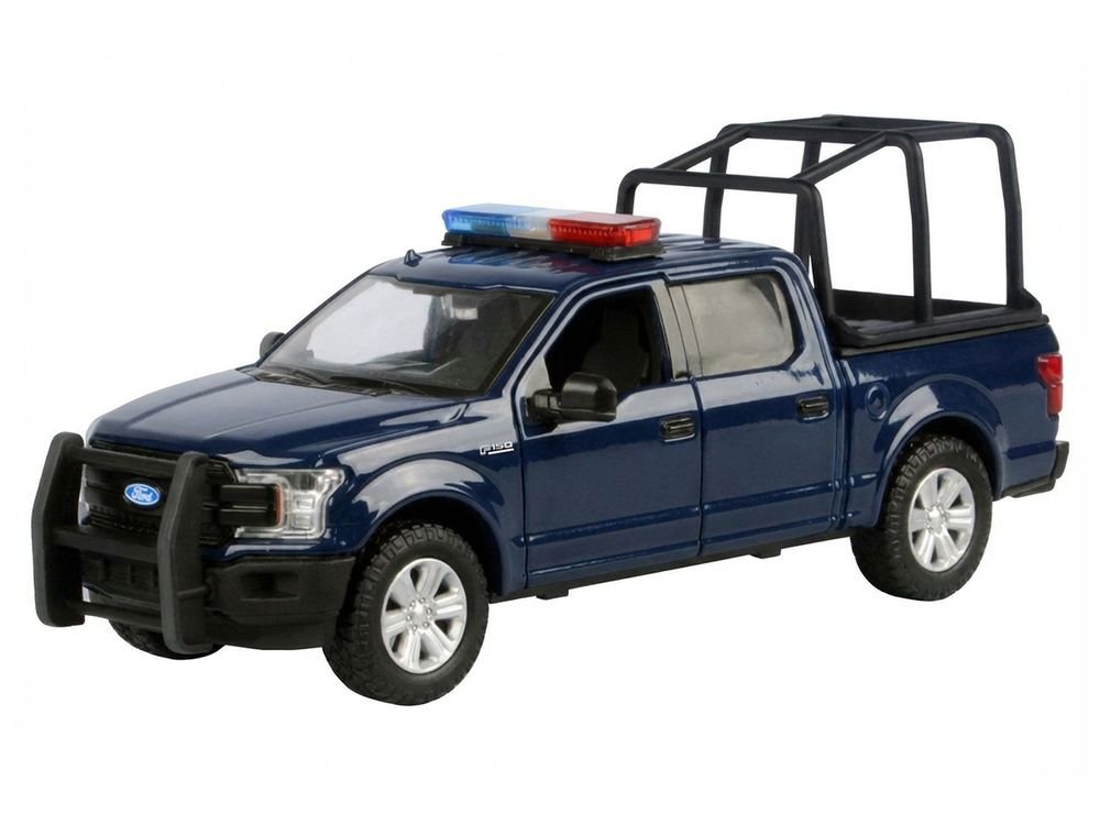 2019 Ford F-150 Lariat Crew Cab Pickup Truck with Bed Cage Dark Blue with Flashing Light Bar and Front and Rear Lights and Sounds 1/24-1/27 Diecast Model Car by Motormax view 2