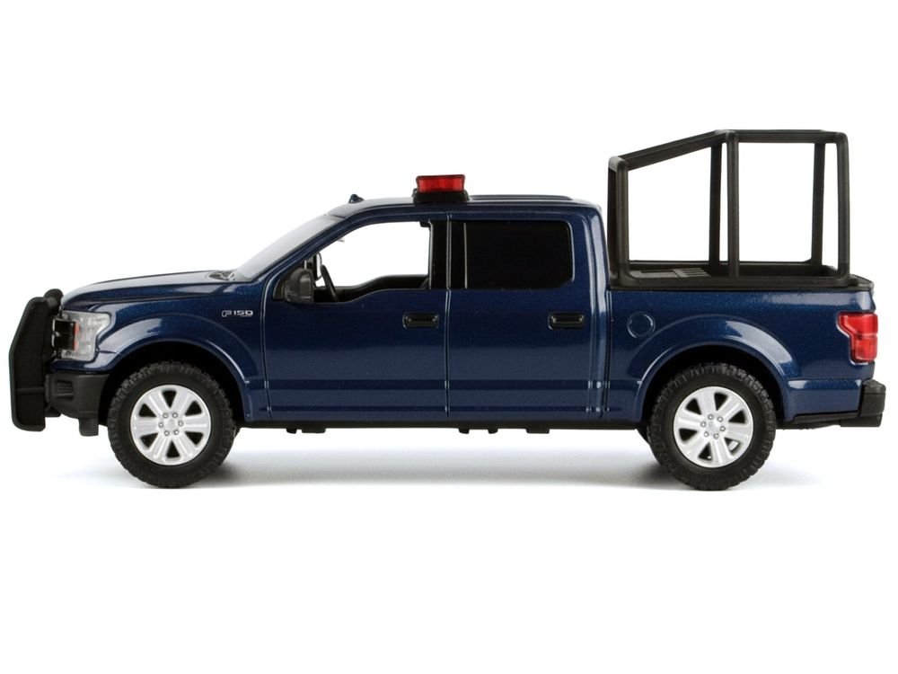 2019 Ford F-150 Lariat Crew Cab Pickup Truck with Bed Cage Dark Blue with Flashing Light Bar and Front and Rear Lights and Sounds 1/24-1/27 Diecast Model Car by Motormax view 3