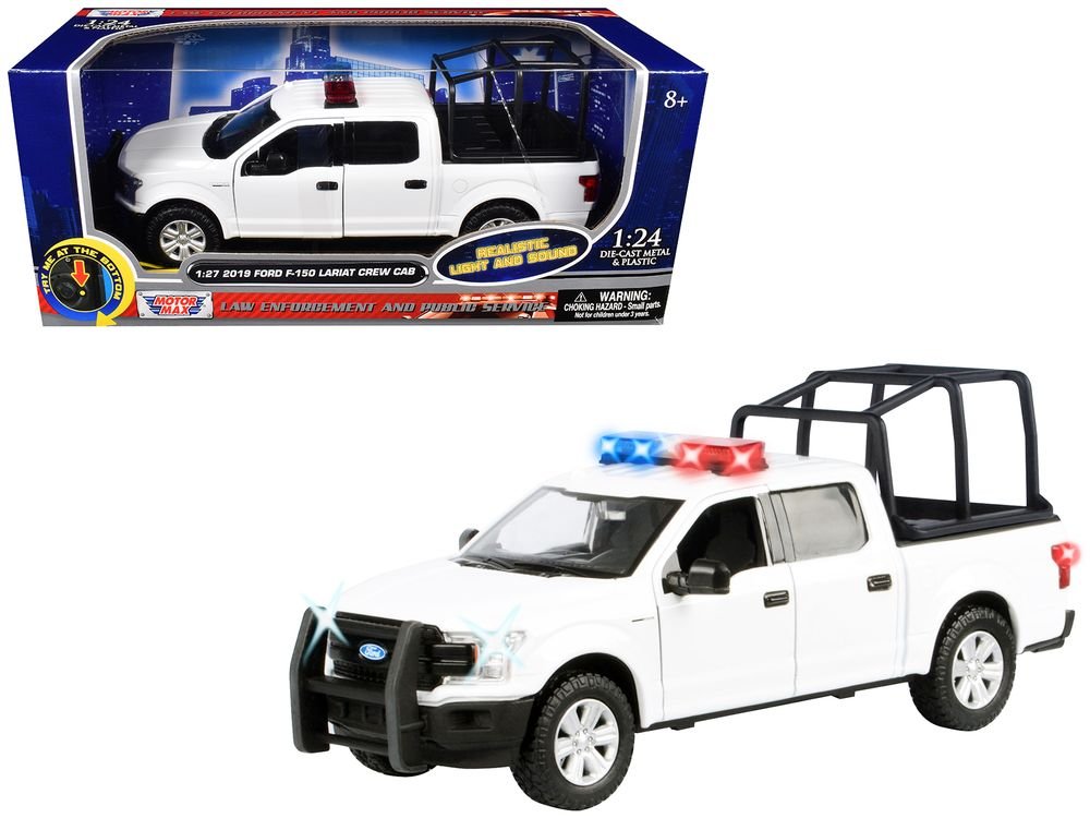 2019 Ford F-150 Lariat Crew Cab Pickup Truck with Bed Cage White with Flashing Light Bar and Front and Rear Lights and Sounds 1/24-1/27 Diecast Model Car by Motormax