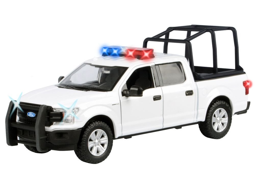 2019 Ford F-150 Lariat Crew Cab Pickup Truck with Bed Cage White with Flashing Light Bar and Front and Rear Lights and Sounds 1/24-1/27 Diecast Model Car by Motormax view 2