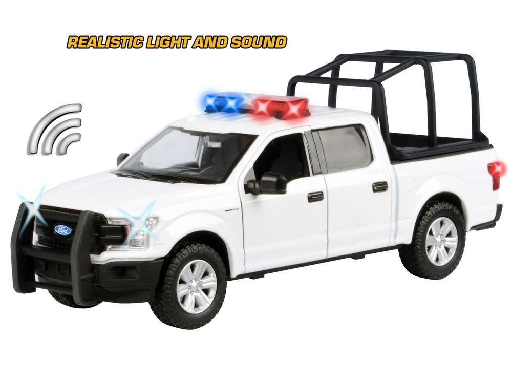 2019 Ford F-150 Lariat Crew Cab Pickup Truck with Bed Cage White with Flashing Light Bar and Front and Rear Lights and Sounds 1/24-1/27 Diecast Model Car by Motormax view 3