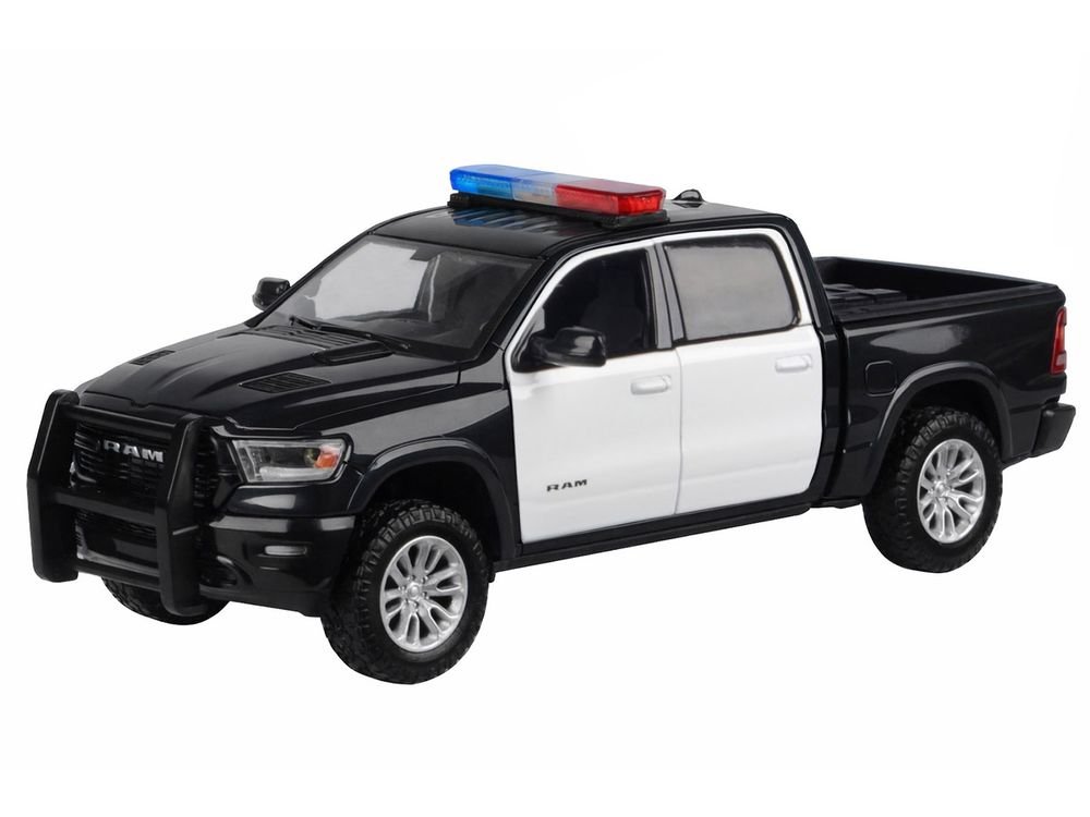 2019 RAM 1500 Laramie Crew Cab Pickup Truck Black and White with Flashing Light Bar and Front and Rear Lights and Sounds 1/24-1/27 Diecast Model Car by Motormax view 2
