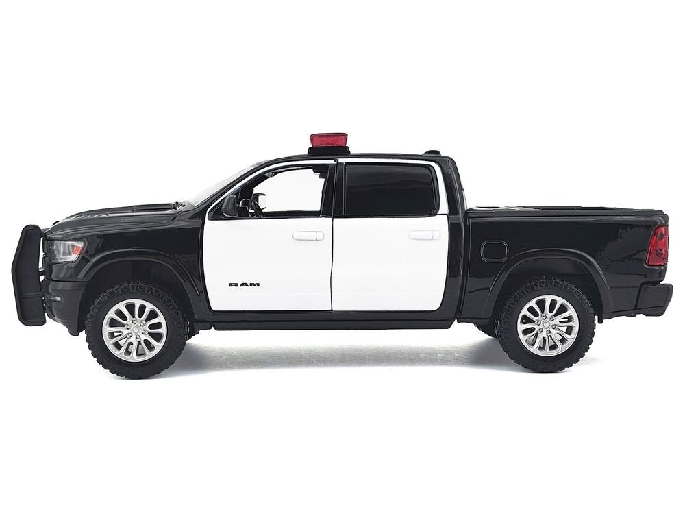 2019 RAM 1500 Laramie Crew Cab Pickup Truck Black and White with Flashing Light Bar and Front and Rear Lights and Sounds 1/24-1/27 Diecast Model Car by Motormax view 3