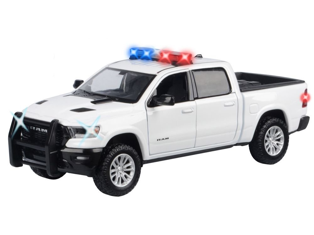 2019 RAM 1500 Laramie Crew Cab Pickup Truck White with Flashing Light Bar and Front and Rear Lights and Sounds 1/24-1/27 Diecast Model Car by Motormax view 2