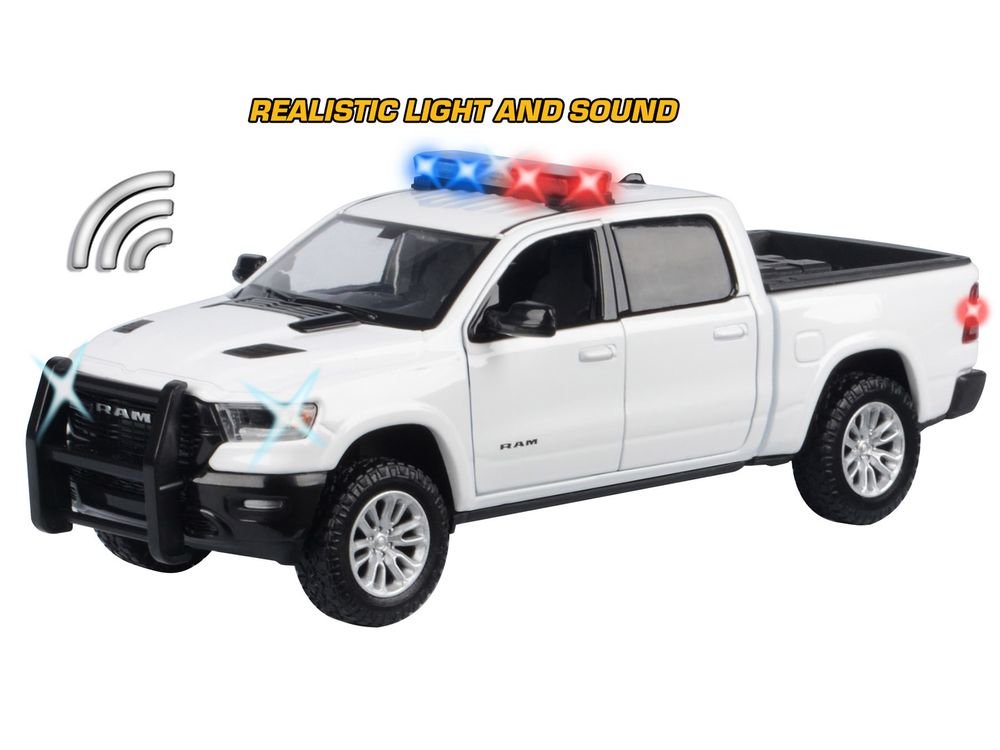 2019 RAM 1500 Laramie Crew Cab Pickup Truck White with Flashing Light Bar and Front and Rear Lights and Sounds 1/24-1/27 Diecast Model Car by Motormax view 3