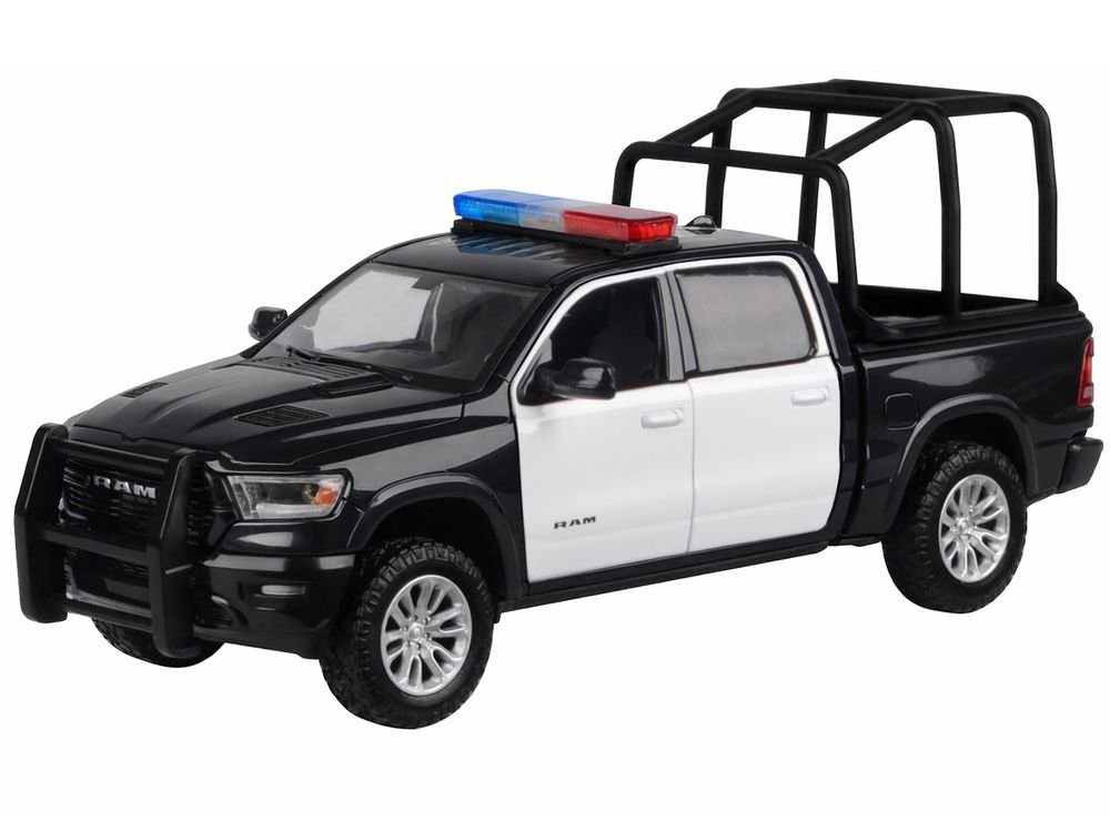 2019 RAM 1500 Laramie Crew Cab Pickup Truck with Bed Cage Black and White with Flashing Light Bar and Front and Rear Lights and Sounds 1/24-1/27 Diecast Model Car by Motormax view 2