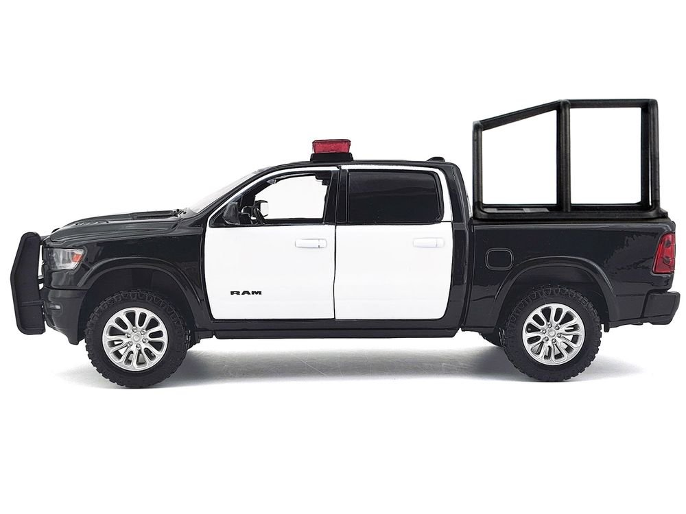 2019 RAM 1500 Laramie Crew Cab Pickup Truck with Bed Cage Black and White with Flashing Light Bar and Front and Rear Lights and Sounds 1/24-1/27 Diecast Model Car by Motormax view 3