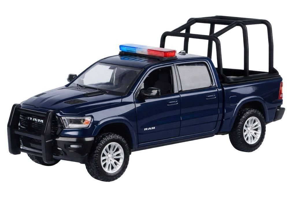 2019 RAM 1500 Laramie Crew Cab Pickup Truck with Bed Cage Dark Blue with Flashing Light Bar and Front and Rear Lights and Sounds 1/24-1/27 Diecast Model Car by Motormax view 2