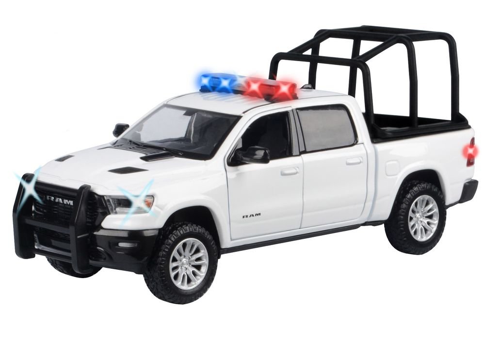 2019 RAM 1500 Laramie Crew Cab Pickup Truck with Bed Cage White with Flashing Light Bar and Front and Rear Lights and Sounds 1/24-1/27 Diecast Model Car by Motormax view 2