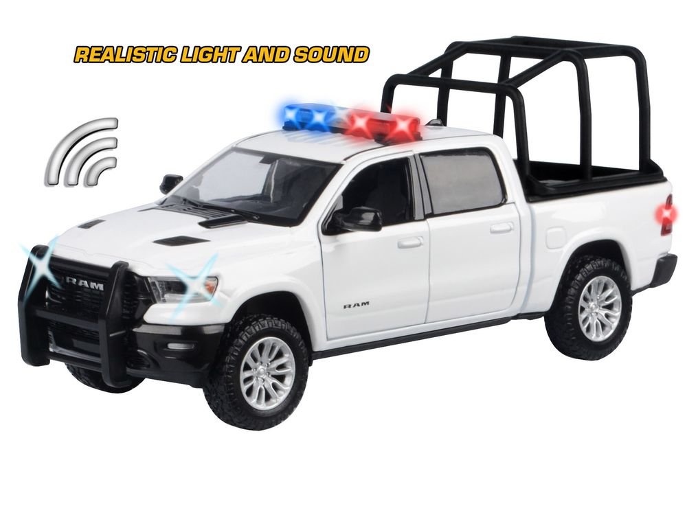 2019 RAM 1500 Laramie Crew Cab Pickup Truck with Bed Cage White with Flashing Light Bar and Front and Rear Lights and Sounds 1/24-1/27 Diecast Model Car by Motormax view 3