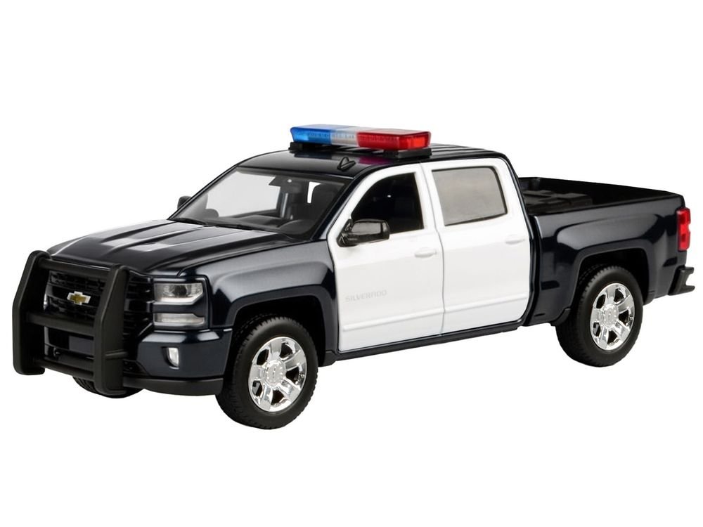 2017 Chevrolet Silverado 1500 LT Z71 Crew Cab Pickup Truck Black and White with Flashing Light Bar and Front and Rear Lights and Sounds 1/24-1/27 Diecast Model Car by Motormax view 2