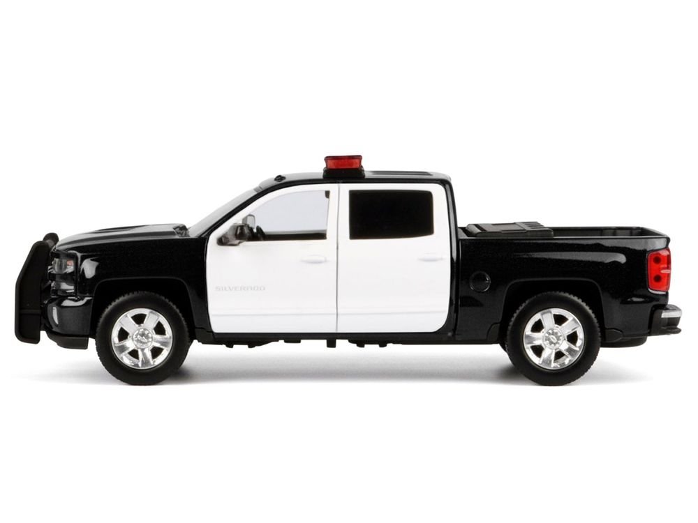 2017 Chevrolet Silverado 1500 LT Z71 Crew Cab Pickup Truck Black and White with Flashing Light Bar and Front and Rear Lights and Sounds 1/24-1/27 Diecast Model Car by Motormax view 3