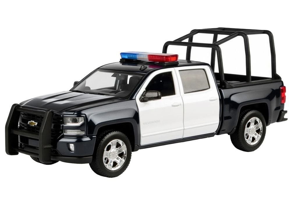 2017 Chevrolet Silverado 1500 LT Z71 Crew Cab Pickup Truck with Bed Cage Black and White with Flashing Light Bar and Front and Rear Lights and Sounds 1/24-1/27 Diecast Model Car by Motormax view 2