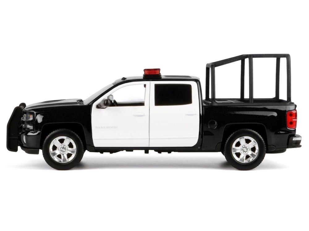 2017 Chevrolet Silverado 1500 LT Z71 Crew Cab Pickup Truck with Bed Cage Black and White with Flashing Light Bar and Front and Rear Lights and Sounds 1/24-1/27 Diecast Model Car by Motormax view 3