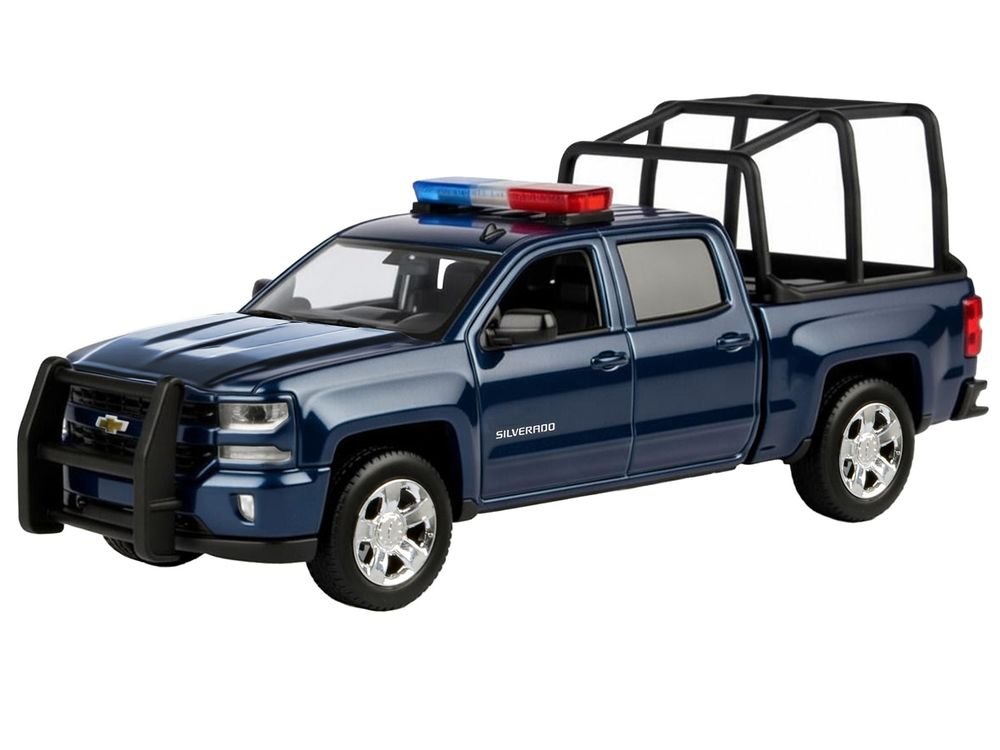 2017 Chevrolet Silverado 1500 LT Z71 Crew Cab Pickup Truck with Bed Cage Dark Blue with Flashing Light Bar and Front and Rear Lights and Sounds 1/24-1/27 Diecast Model Car by Motormax view 2