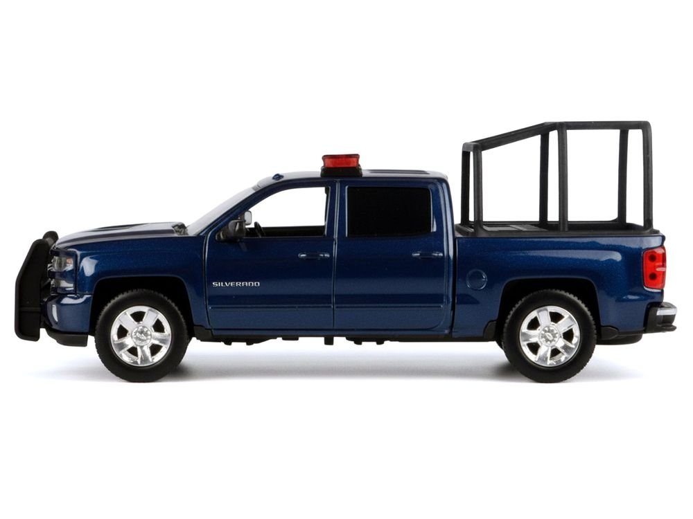 2017 Chevrolet Silverado 1500 LT Z71 Crew Cab Pickup Truck with Bed Cage Dark Blue with Flashing Light Bar and Front and Rear Lights and Sounds 1/24-1/27 Diecast Model Car by Motormax view 3