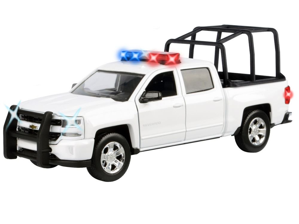 2017 Chevrolet Silverado 1500 LT Z71 Crew Cab Pickup Truck with White with Flashing Light Bar and Front and Rear Lights and Sounds 1/24-1/27 Diecast Model Car by Motormax view 2